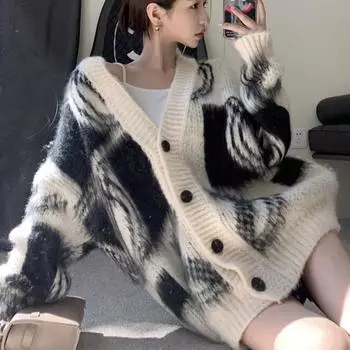 V-образный вырез трикотажный свитер осень и зима куртка женская новая винтажная повседневная с длинным рукавом свободные женские свитера кардиганы топы модный трикотаж пальто 25362 S белый