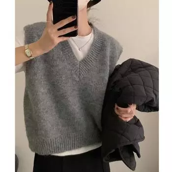 V-образный вырез трикотажный жилет для женщин осень зима свободный ленивый стиль многослойное ношение пуловер базовый свитер жилет носить снаружи one size