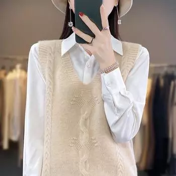 V-образный вырез трикотажный жилет свитер женский осень и зима модный универсальный жилет без рукавов жаккардовая основа майка S