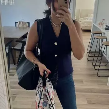 V-образный вырез трикотажный жилет топ однотонный трикотаж женский ретро безрукавный свитер лето/осень M темно-синий