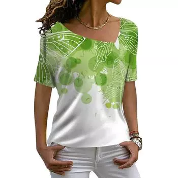 V-образный вырез Зеленый принтованная одежда для ежедневных поездок на работу Модные женские футболки с короткими рукавами Повседневные свободные футболки Harajuku Пуловеры Лето S