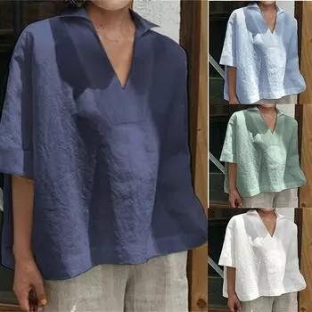 V-образный вырез женские Большие размеры женские повседневные футболки блузка топ мешковатые топы хлопок лен сплошной цвет S белый