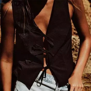 V-образный вырез Женский бант без рукавов жилет унисекс стиль шнуровка жилет куртка элегантный летний M белый