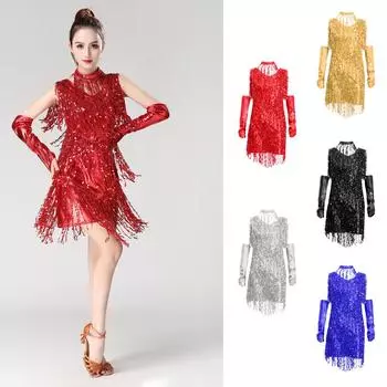 V-образным вырезом 1920-х годов с бахромой и блестками Чарльстон-хлопушки платья для латинских танцев костюмы танцевальная одежда M