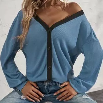 V-образным вырезом с длинными рукавами и пуговицами, женская блузка, простая повседневная лоскутная цветная вафельная блузка M темно-серого