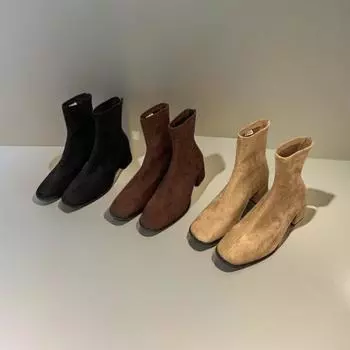 В осенне-зимней обуви женские сапоги большого размера с удобной толстой подошвой, квадратным носком и толстым каблуком 35 коричневый