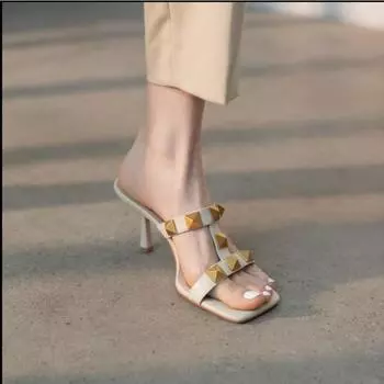 В помещении на Word Open Toe Off White Rivet Slides Outside Shoes for Women Sandals Slippers Job with Free Shipping 34 хаки