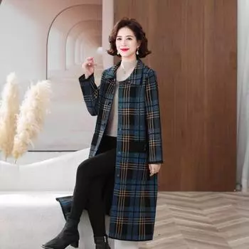 В пожилом возрасте осенью и зимой, клетчатое двухстороннее кашемировое пальто, слишком широкое, иностранное, шерстяное пальто большого размера для матери, женщины XL синий
