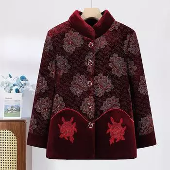 В пожилом возрасте зимнее пальто женское иностранного стиля мать флис утолщенный теплый хлопчатобумажная одежда 70 лет 80 бабушка верхняя хлопковая одежда XL (recommended 85-52.5kg) красный