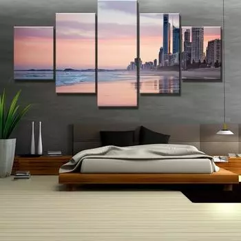 В рамке 5 шт., HD печать, картина «Город встречает пляж», Куадрос, пейзаж, холст, настенное искусство, домашний декор для гостиной, настенная картина без рамки 20x35cm*2 20x45cm*2 20x55cm*1