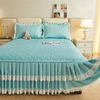 В стиле принцессы, приятная для кожи матовая кружевная юбка-кровать, цельное толстое стеганое покрывало со стеганым швом, наматрасник, постельные принадлежности 120*200cm 3pcs