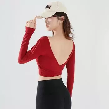 V-Type Beauty Back Exercise Tops Women s One-Piece Cup Sexy Backless Slim Fit Yoga Long Sleeve Square-Neck Quick-Drying Workout Clothes Women Anco Red Fixed Coaster S
