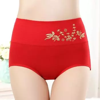В упаковке 4 шт. красного дышащего нижнего белья с золотым тиснением. Нижнее белье с высокой талией. Простые и модные женские трусы. L