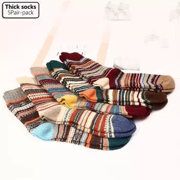 В упаковке 5 пар мужских утепленных носков, полосатые толстые носки в ретро-стиле, большие размеры 46 EUR38-42 разноцветный