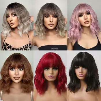 Вьющиеся волосы, стрижка боб, парик, челка на всю голову, короткий парик, модное химическое волокно 27cm