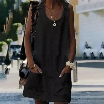 V Women Sexy Neck Sleeveless Pocket Blouse Shirt Evening Party Beach Mini Dress 3XL