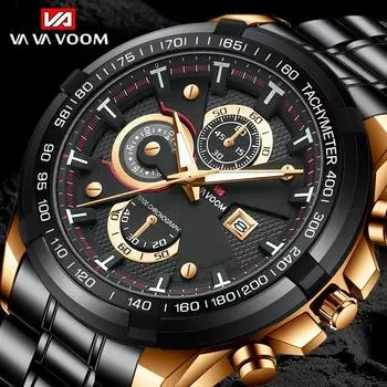VA VA VOOM Модные кварцевые часы Мужские часы Роскошные мужские спортивные золотые кварцевые наручные часы из нержавеющей стали Мужские деловые повседневные водонепроницаемые часы 3ATM NO Packaging золотой