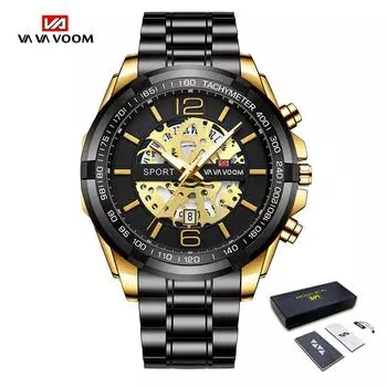 VA VA VOOM Модные мужские деловые часы Роскошный золотой ремень из нержавеющей стали Кварцевые наручные часы Светящиеся часы Мужские повседневные наручные часы NO Packaging розового золота/чёрный