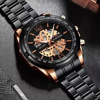 VA VA VOOM Модные мужские кварцевые часы Многофункциональные часы из нержавеющей стали Мужские спортивные часы Светящийся календарь Стальной ремень Полые наручные часы NO Packaging чёрный/розового золота
