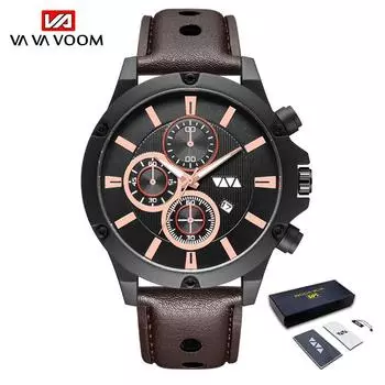 VA VA VOOM Мужские кварцевые часы Роскошные автоматические часы с кожаным ремешком Водонепроницаемые спортивные хронограф Мужские часы с датой Наручные часы