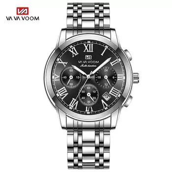 VA VA VOOM Мужские кварцевые часы со светящейся датой и неделей, мужские часы из нержавеющей стали, 3 бара, водонепроницаемые, повседневные спортивные кварцевые часы, мужские часы, мужские часы + коробка серебряный
