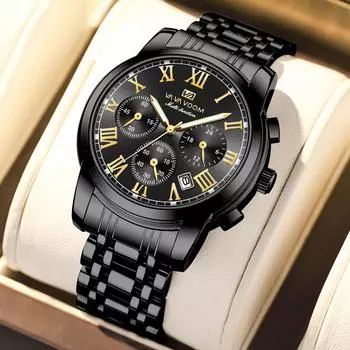 VA VA VOOM Мужские кварцевые часы со светящейся датой и неделей, мужские часы из нержавеющей стали, 3 бара, водонепроницаемые, повседневные спортивные кварцевые часы, мужские часы, мужские часы + коробка серебряный