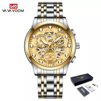 VA VA VOOM Мужские кварцевые часы Водонепроницаемые светящиеся наручные часы Кварцевые часы из нержавеющей стали для мужчин Пилот Лучший бренд Мужские часы NO Packaging чёрный