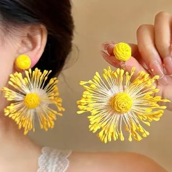 Vacation Style Niche Style Woven Sunflower Yellow Flower Earrings Female Fancy Stud Earrings Suitable for Summer Earrings Yellow fireworks woven earrings