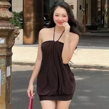 Vacation Style Pure Color Tube-Top Dress Summer Halterneck Coffee M