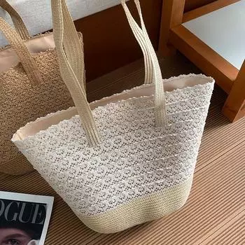 Vacation Style Straw Woven Bag Women s Summer 2025 New Arrival Large Capacity Seaside Beach Bag Student Commuter Shoulder Bag Beige