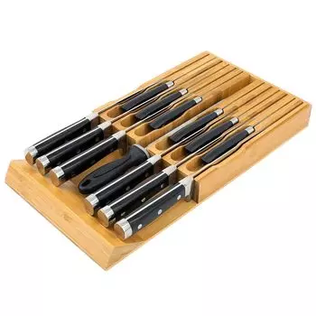 VaeFae Bamboo Knife Drawer Knife Drawer Organizer Kitchen Drawer Knife Block for 12 Plus Slot for Knife Sharpener Organizer, Insert, Knives, (No