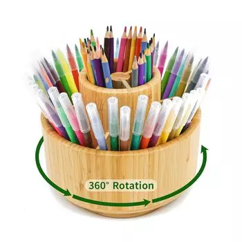 VaeFae Bamboo Pen Holder Circular Rotating Art Supply Holds 420 Desktop Storage for Marker Colored Art Brushes Organizer, Organizer, Pencils, Pens, чистый
