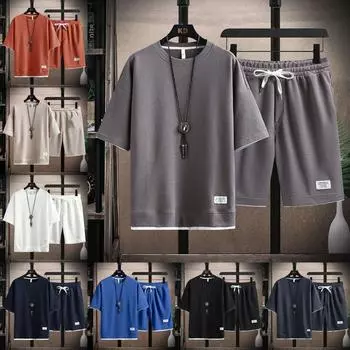 Вафельная футболка, мужская летняя шелковая футболка с короткими рукавами и набором красивых повседневных спортивных штанов XXXXXL белый