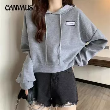 Вафельная короткая толстовка с капюшоном женская большого размера осень и зима свободные ленивые топы куртка M белый