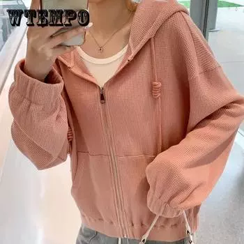 Вафельная куртка с капюшоном, женская весенне-осенняя универсальная повседневная свободная короткая куртка, однотонная куртка на молнии S розовый