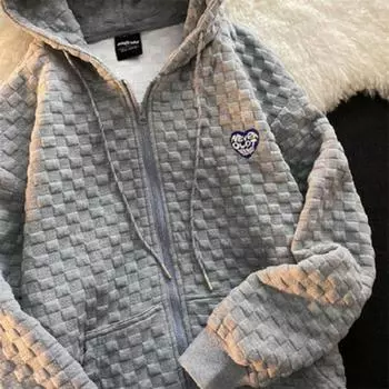 Вафельная новая супер красивая куртка с капюшоном для женщин осенний новый дизайн толстовка ленивый топ в стиле колледжа кардиган на молнии M