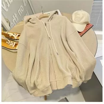 Вафельная толстовка с капюшоном для женщин, свободный крой, утягивающий на весну и лето, женский кардиган на молнии Куртки и пальто (Женский) M серый