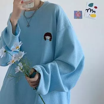 Вафельная толстовка женская свободная корейская стиль ранняя осень тонкая винтажная футболка с длинными рукавами студенческая куртка в стиле ленивой моды XL