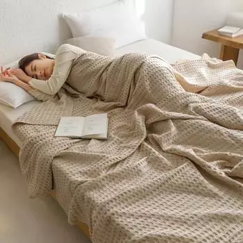 Вафельное одеяло Полотенце Марля Хлопок Кондиционер Летнее одеяло Чистый цвет Простой тонкий срез Общежитие Односпальное двуспальное одеяло 100x150cm розовый
