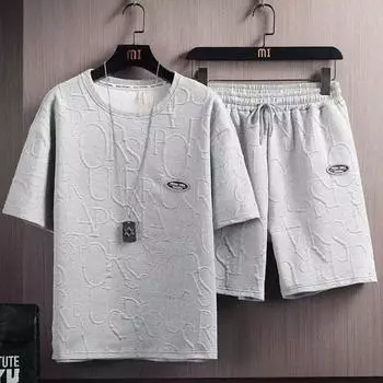 Вафельные комплекты мужские осенние повседневные футболка + шорты костюм баскетбольный спортивный костюм с буквенным принтом однотонные свободные мужские спортивные костюмы XXXL белый