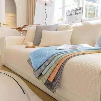 Вафельный чехол для дивана, универсальный клетчатый чехол на четыре сезона, Нескользящий чехол для дивана для гостиной, модный простой легкий роскошный чехол для дивана 70x70cm 1pcs синий