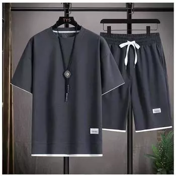 Вафельный короткий рукав летний повседневный спортивный мужской круглый вырез толстовка комплект мужской футболка шорты комплект из двух предметов мужской M