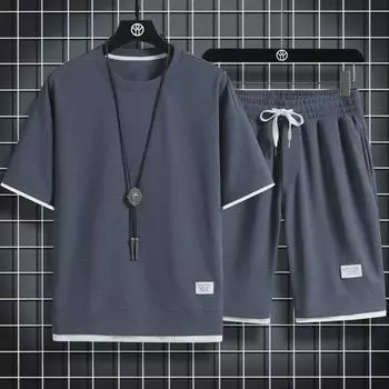 «Вафельный костюм из ледяного шелка»: Летний спортивный и досуговый комплект из двух предметов: свободная футболка с коротким рукавом и короткие брюки. 3XL