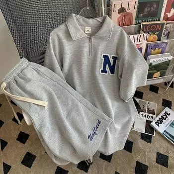 Вафельный красивый комплект из двух предметов, женские летние топы, широкие шорты, рубашка с короткими рукавами + шорты с надписью, повседневный спортивный костюм 4XL синий