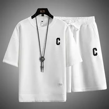 Вафельный мужской комплект, летняя футболка, шорты, спортивный костюм, мужская уличная одежда с коротким рукавом, комплект из 2 предметов, повседневный мужской спортивный костюм, одежда L