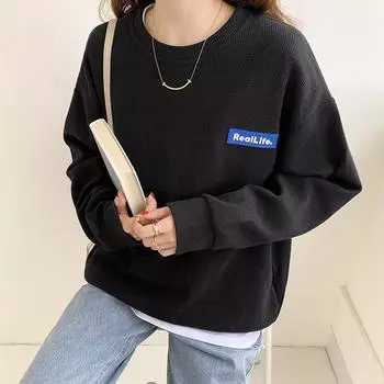 Вафельный свитер, женский свободный пуловер с круглым вырезом, футболка с длинным рукавом, однотонный топ S белый