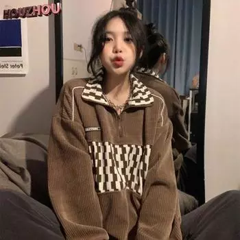 Вафельный воротник-поло Цветной контрастный пуловер Весенне-осенний трендовый дизайн с лацканами Половина молнии для пар Свободный пуловер Harajuku Повседневный пуловер с длинным рукавом M коричневый