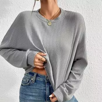 Вафельный вязаный пуловер, повседневный свитер с круглым вырезом и длинными рукавами, женская одежда XS серый
