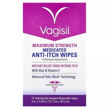 Vagisil Medicated Anti-Itch Wipes, Maximum Strength, 12-Count Disposable Wipes