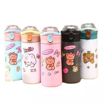 Вакуумная чашка из нержавеющей стали 304, большая емкость, студенческая портативная чашка-отскок, портативная крышка, милая соломенная чашка с мультяшным рисунком 500ml розовый